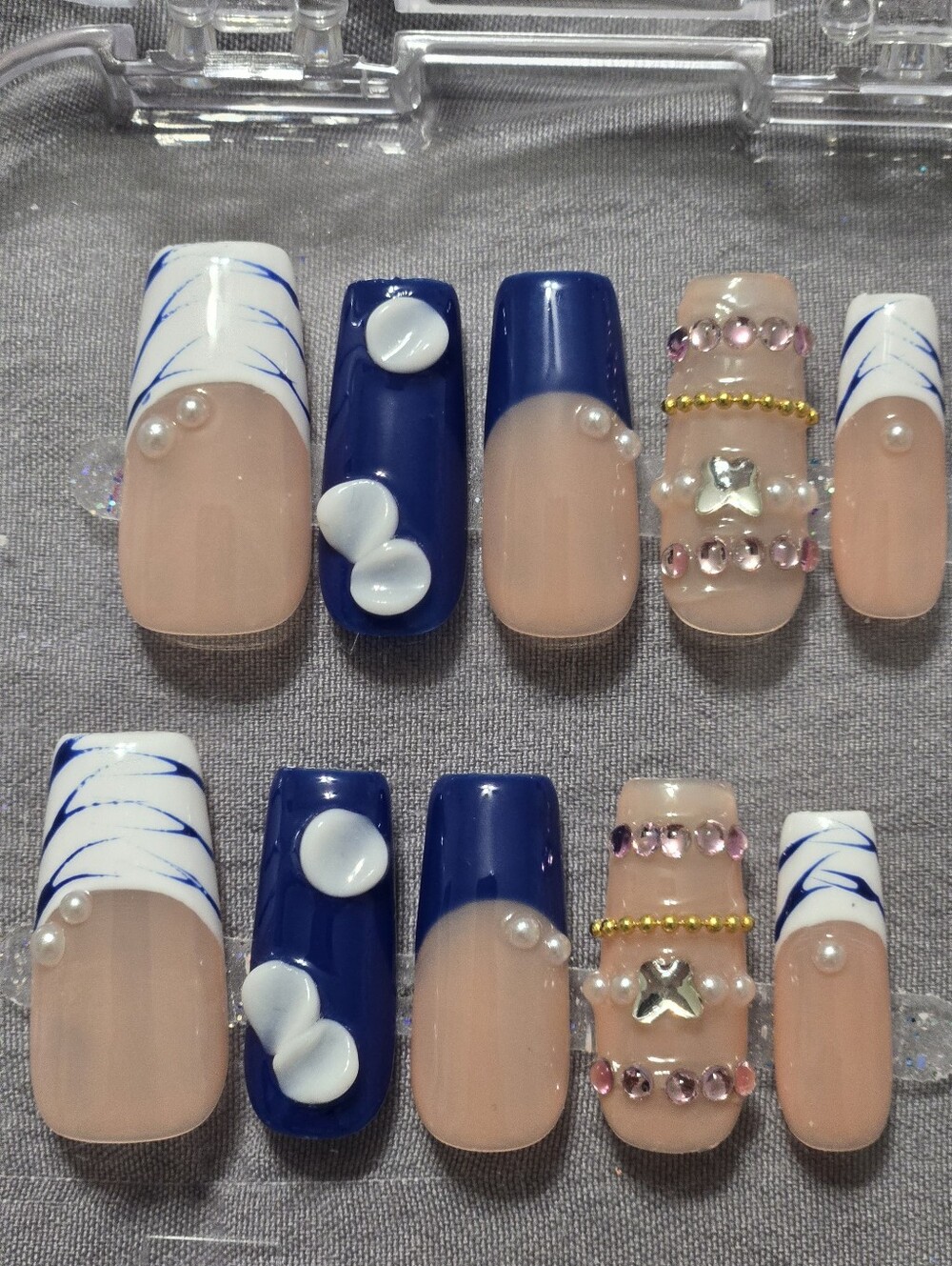 Nude & Navy Blue Decorative Press-On Nail Set with Rhinestones, Medium Length